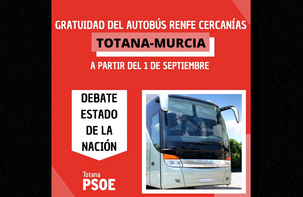 “El autobús de Renfe Ceranías Totana-Murcia será gratuito a partir del 1 de septiembre”